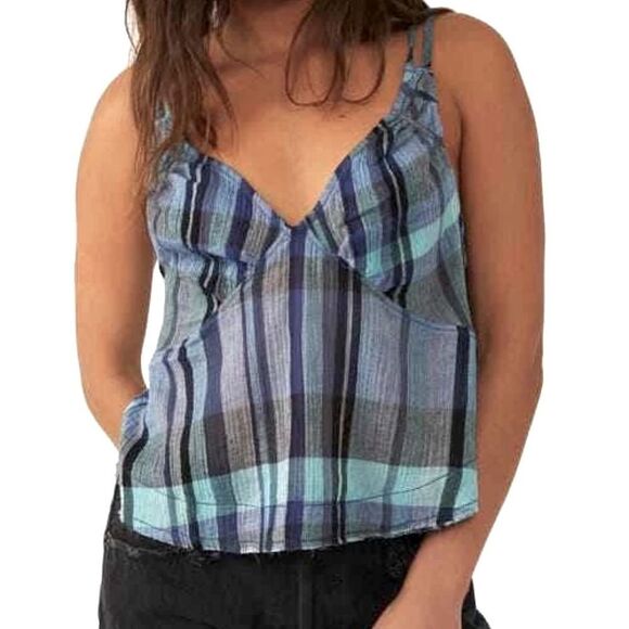 NWT Free People Plaid Cotton Tank Flowy V Neck Navy Combo Feminine S M Nautic - Picture 1 of 10